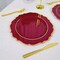 10 BURGUNDY 10.5" Round Plastic Dinner Plates GOLD Scalloped Rim
